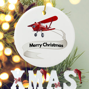 Ornamento De Cerâmica Avião Vermelho Legal & Papai Noel, Faixa de Boas F