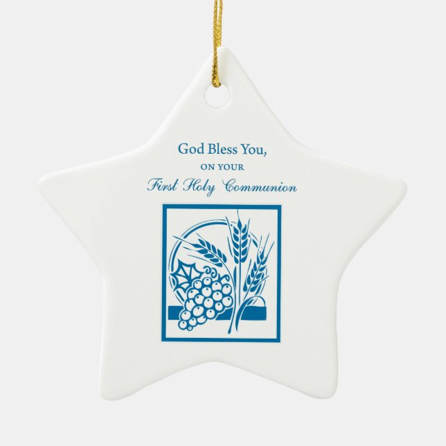 Ornamento De Cerâmica Avô Primeiro Comunhão Azul, Trigo, Uvas (Frente)