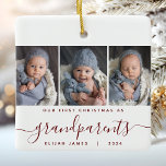 Ornamento De Cerâmica Avós 1rua Natal 3 Foto de Roteiro<br><div class="desc">Ajudem-nos a comemorar o primeiro Natal do seu neto com este belo ornamento moderno do keepsasasaame. O texto da cinza lê "Nosso primeiro Natal como avós", com a palavra "avós" em um elegante roteiro vermelho de escrita manual com flores antes e depois. Substitua as três imagens de exemplo por suas...</div>