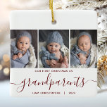 Ornamento De Cerâmica Avós 1rua Natal 3 Foto - Script Vermelho<br><div class="desc">Ajudem-nos a comemorar o primeiro Natal do seu neto com este belo ornamento moderno do keepsasasaame. O texto vermelho burgundy lê "Nosso primeiro Natal como avós", com a palavra "avós" em uma escrita elegante com flores antes e depois. Substitua as três imagens de exemplo por suas fotos verticais favoritas e...</div>