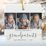 Ornamento De Cerâmica Avós 1rua Natal 3 Fotografia Cinza Script<br><div class="desc">Ajudem-nos a comemorar o primeiro Natal do seu neto com este belo ornamento moderno do keepsasasaame. O texto da cinza lê "Nosso primeiro Natal como avós", com a palavra "avós" em uma escrita elegante com flores antes e depois. Substitua as três imagens de exemplo por suas fotos verticais favoritas e...</div>
