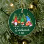 Ornamento De Cerâmica Avós de Natal Gnomos Árvores Verdes<br><div class="desc">Nosso Primeiro Natal como Avós Coloridos Gnomos de Cores-d'água Difundidos com Ornamento de Pinheiros - Fundo Verde Florestal</div>