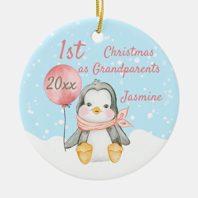 Ornamento De Cerâmica Avós Pinguins de Natal Bonitos Rosa (Frente)