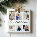 Ornamento De Cerâmica Avós presentes para a Colagem de Fotos de Avós<br><div class="desc">Mande um belo presente personalizado para seus avós que eles vão gostar para sempre. O ornamento especial personalizado de fotos de netos para mostrar suas próprias fotos e memórias da família especial. Nosso design apresenta um simples design de grade de colagem de 6 fotos com "netos" desenhados em um belo...</div>