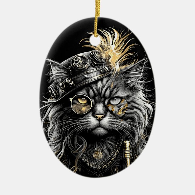 Ornamento De Cerâmica Awesome Steampunk Cat  (Frente)