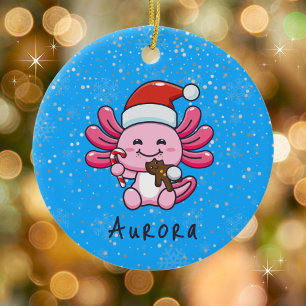 Ornamento De Cerâmica Axolotl bonito com Papai Noel e Candy Cane Natal