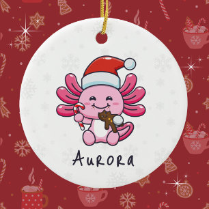 Ornamento De Cerâmica Axolotl bonito com Papai Noel e Candy Cane Natal