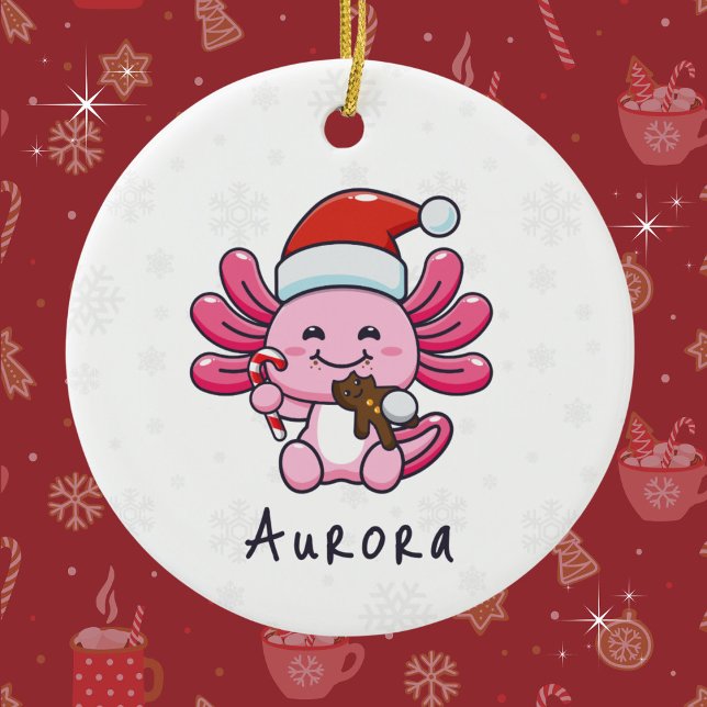 Ornamento De Cerâmica Axolotl bonito com Papai Noel e Candy Cane Natal (Personalize with a name. Available in assorted ornaments and products.)