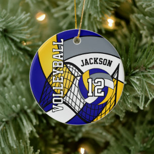 Ornamento De Cerâmica Azul, Amarelo e Cinzas Personalizam 🏐 de Voleibol