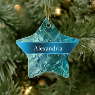 Ornamento De Cerâmica Azul Aqua Glam Glitz Nome de Natal
