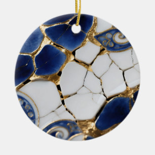 Ornamento De Cerâmica Azul Branco Ouro Kintsugi Porcelana Mosaico