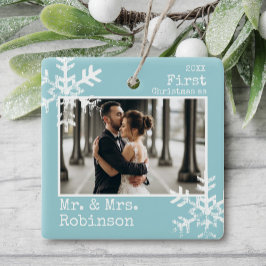 Ornamento De Cerâmica Azul Claro 1º Natal Sr. e Sra. Foto Personalizada
