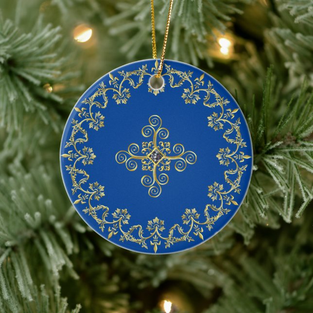 Ornamento De Cerâmica Azul clássico e Dourado (Árvore)