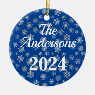 Ornamento De Cerâmica Azul cobalto com fundo de neve personalizado