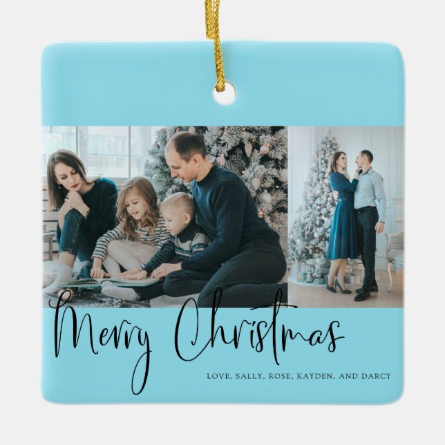 Ornamento De Cerâmica Azul de Colagem de Fotos com Script de Natal Feliz (Frente)