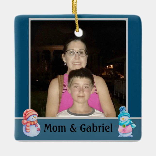 Ornamento De Cerâmica Azul de foto de Natal (Frente)