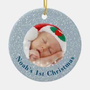 Ornamento De Cerâmica Azul de fotos de Natal de 1 rua do bebê com neve b