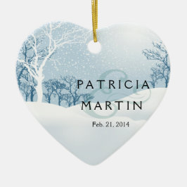 Ornamento De Cerâmica Azul de gelo nevado do casamento no inverno
