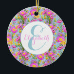 Ornamento De Cerâmica Azul de Jardim de Algodão de Verão Personalizado<br><div class="desc">Ornamento cerâmico personalizado com padrão floral bonito do jardim de chalé com margaridas de papel e botões de billy em um fundo azul-céu. Estas flores australianas de jardim de casacos são tão românticas e bonito, perfeitas para presentes de Natal ou ornamentos de árvores ou doação de presentes, ilustradas por Jo...</div>