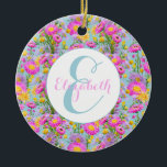 Ornamento De Cerâmica Azul de Jardim de Algodão de Verão Personalizado<br><div class="desc">Ornamento cerâmico personalizado com padrão floral bonito do jardim de chalé com margaridas de papel e botões de billy em um fundo azul-céu. Estas flores australianas de jardim de casacos são tão românticas e bonito, perfeitas para presentes de Natal ou ornamentos de árvores ou doação de presentes, ilustradas por Jo...</div>