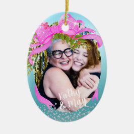 Ornamento De Cerâmica Azul de Natal com Fita Rosa Glittering