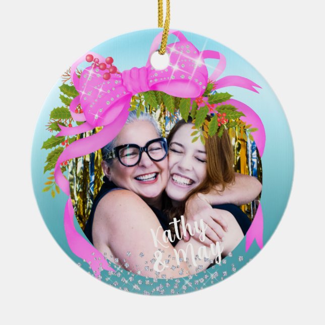 Ornamento De Cerâmica Azul de Natal com Fita Rosa Glittering (Frente)