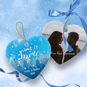 Ornamento De Cerâmica Azul Deixe nevar Primeira Foto de Natal