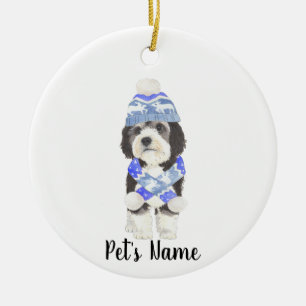 Ornamento De Cerâmica Azul e branco Bernedoodle personalizado