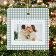 Azul e Verde Gingham Natal Foto Personalizada