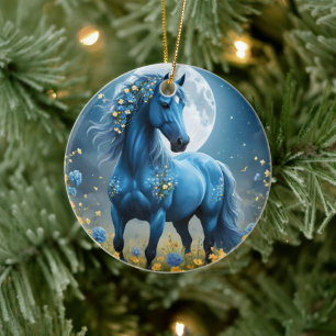 Ornamento De Cerâmica Azul Fantasia Flores de Lua de Cavalo Mágico,