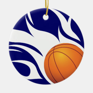 Ornamento De Cerâmica Azul flamejante e branco do basquetebol