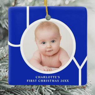 Ornamento De Cerâmica Azul-foto personalizada do primeiro Natal do bebê