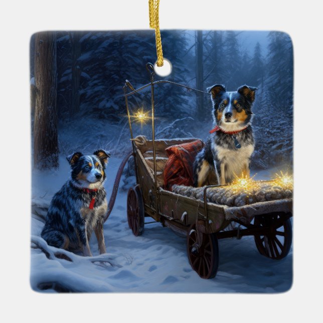 Ornamento De Cerâmica Azul Heeler Snowy Sleigh Decência de Natal (Frente)