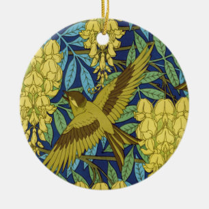 Ornamento De Cerâmica Azul Marinho Vintage com Padrão Floral Amarelo