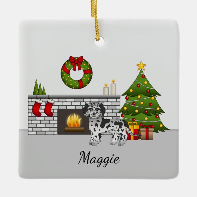 Ornamento De Cerâmica Azul Merle Mini Goldendoodle - Sala de Natal (Frente)