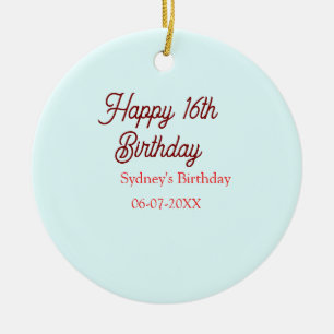 Ornamento De Cerâmica Azul pastel vermelho feliz aniversário de 16 anos