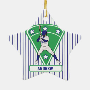 Ornamento De Cerâmica Azul personalizado da estrela da massa do basebol