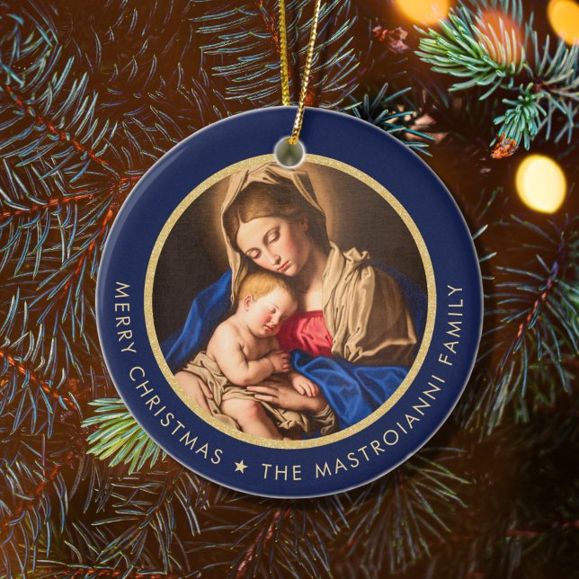 Ornamento De Cerâmica Azul religioso e Dourado Madonna e Natal infantil (Midnight blue and gold religious Christmas ornament for Catholics and Christians)