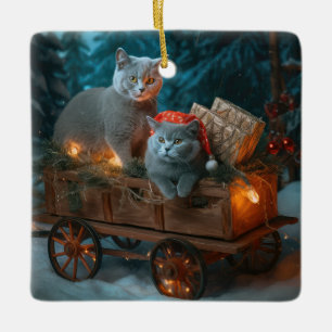 Ornamento De Cerâmica Azul Russo Gato Snowy Sleigh Decência de Natal
