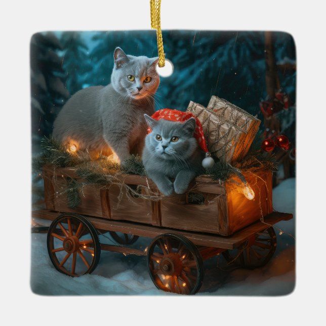 Ornamento De Cerâmica Azul Russo Gato Snowy Sleigh Decência de Natal (Frente)