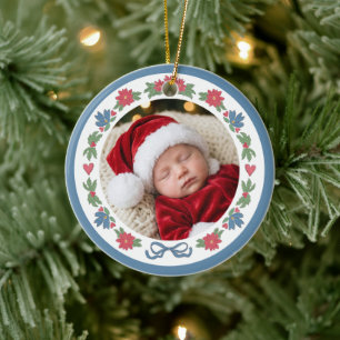 Ornamento De Cerâmica Azul Vermelho Nórdico Foto Primeiro Natal do Bebê
