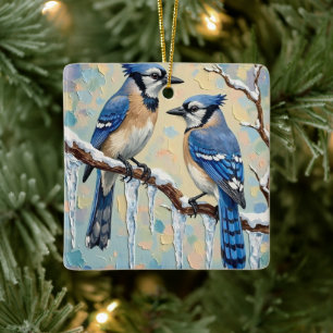 Ornamento De Cerâmica Azul Vintage dos Cardinals em Galho de Gelo Natal 