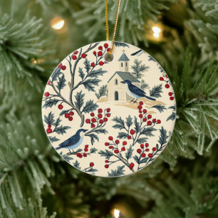Ornamento De Cerâmica Azul Vintage Holly Natal Creme Vermelho