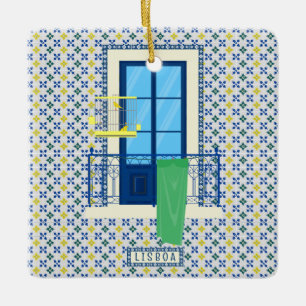 Ornamento De Cerâmica Azulejos portugueses e varanda de janela com pássa