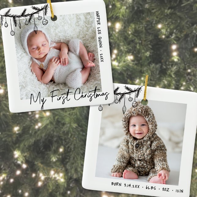 Ornamento De Cerâmica Baby Black White Minha Primeira Foto De Natal (Baby Black White My First Christmas Photo Ceramic Ornament)