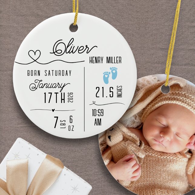 Ornamento De Cerâmica Baby Boy Birth Announcement Photo Name Stats (Personalized Baby Boy Custom Ornament Birth Announcement Name Stats Photo Baby's First Christmas)