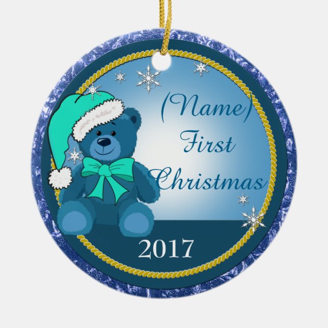 Ornamento De Cerâmica Baby Boy Blue Teddy Bear Personalizado Natal (Frente)