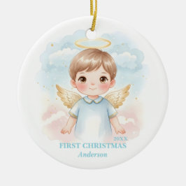 Ornamento De Cerâmica Baby Boy First Christmas Blue Angel Photo