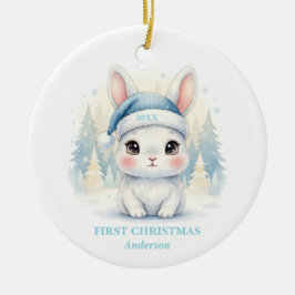 Ornamento De Cerâmica Baby Boy First Christmas Blue Bunny Photo