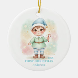 Ornamento De Cerâmica Baby Boy First Christmas Blue Elf Photo